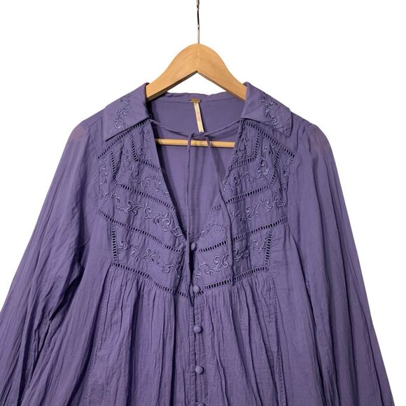 Free People Embroidered Bohemian Western Babydoll Mini Dress Periwinkle Sz M - Picture 8 of 13